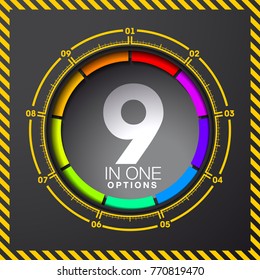 Design Vector Illustration Sign Numbers "nine in one". Flat Button with Figures 9 in 1 icon and Tapes with Names Options. Vector Color banner with logo nine and one numeral in the Circle Flat Button