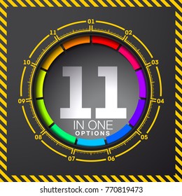 Design Vector Illustration Sign Numbers "eleven in one". Flat Button with Figures 11 in 1 icon and Tapes with Names Options. Vector Color banner with logo eleven and one numeral in the Circle Button