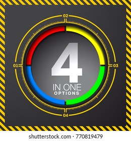 Design Vector Illustration Sign Numbers "four in one". Flat Button with Figures 4 in 1 icon and Tapes with Names Options. Vector Color banner with logo four and one numeral in the Circle Flat Button