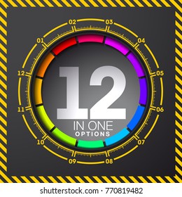 Design Vector Illustration Sign Numbers "twelve in one". Flat Button with Figures 12 in 1 icon and Tapes with Names Options. Vector Color banner with logo twelve and one numeral in the Circle Button