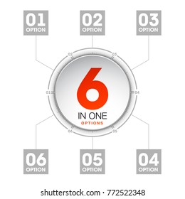 Design Vector Illustration Sign Numbers "six in one". Flat Button with Figures 6 in 1 icon and Tapes with Names Options. Vector Color banner with logo six and one numeral in the Circle Flat Button