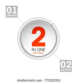 Design Vector Illustration Sign Numbers "two in one". Flat Button with Figures 2 in 1 icon and Tapes with Names of Options. Vector Color banner with logo two and one numeral in the Circle Flat Button.