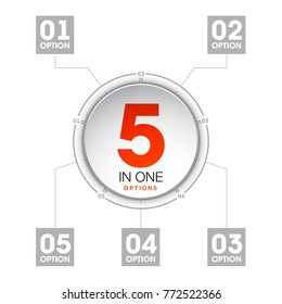 Design Vector Illustration Sign Numbers "five in one". Flat Button with Figures 5 in 1 icon and Tapes with Names Options. Vector Color banner with logo five and one numeral in the Circle Flat Button
