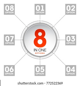 Design Vector Illustration Sign Numbers "eight in one". Flat Button with Figures 8 in 1 icon and Tapes with Names Options. Vector Color banner with logo eight and one numeral in the Circle Flat Button