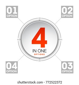 Design Vector Illustration Sign Numbers "four in one". Flat Button with Figures 4 in 1 icon and Tapes with Names Options. Vector Color banner with logo four and one numeral in the Circle Flat Button