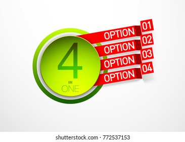 Design Vector Illustration Sign Numbers "four in one". Flat Button with Figures 4 in 1 icon and Tapes with Names Options. Vector Color banner with logo four and one numeral in the Circle Flat Button