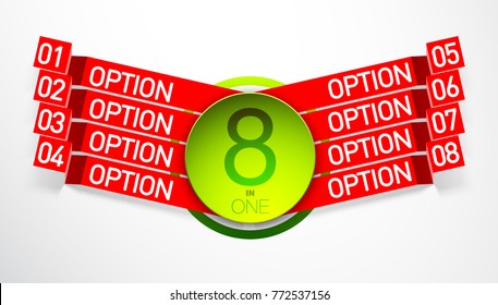 Design Vector Illustration Sign Numbers "eight in one". Flat Button with Figures 8 in 1 icon and Tapes with Names Options. Vector Color banner with logo eight and one numeral in the Circle Flat Button
