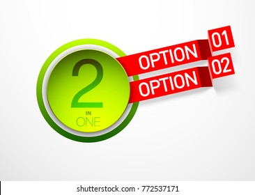 Design Vector Illustration Sign Numbers "two in one". Flat Button with Figures 2 in 1 icon and Tapes with Names of Options. Vector Color banner with logo two and one numeral in the Circle Flat Button.
