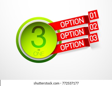Design Vector Illustration Sign Numbers "three in one". Flat Button with Figures 3 in 1 icon and Tapes with Names Options. Vector Color banner with logo three and one numeral in the Circle Flat Button