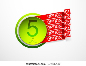 Design Vector Illustration Sign Numbers "five in one". Flat Button with Figures 5 in 1 icon and Tapes with Names Options. Vector Color banner with logo five and one numeral in the Circle Flat Button