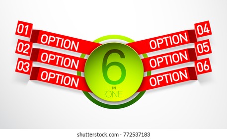 Design Vector Illustration Sign Numbers "six in one". Flat Button with Figures 6 in 1 icon and Tapes with Names Options. Vector Color banner with logo six and one numeral in the Circle Flat Button