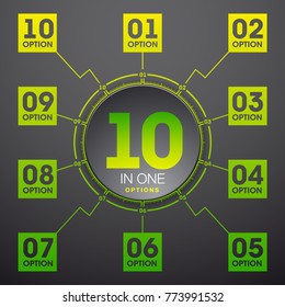 Design Vector Illustration Sign Numbers "ten in one". Flat Button with Figures 10 in 1 icon and Tapes with Names Options. Vector Color banner with logo ten and one numeral in the Circle Flat Button
