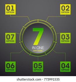 Design Vector Illustration Sign Numbers "seven in one". Flat Button with Figures 7 in 1 icon and Tapes with Names Options. Vector Color banner with logo seven and one numeral in the Circle Flat Button