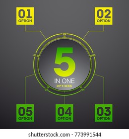 Design Vector Illustration Sign Numbers "five in one". Flat Button with Figures 5 in 1 icon and Tapes with Names Options. Vector Color banner with logo five and one numeral in the Circle Flat Button