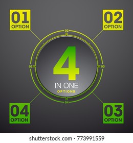 Design Vector Illustration Sign Numbers "four in one". Flat Button with Figures 4 in 1 icon and Tapes with Names Options. Vector Color banner with logo four and one numeral in the Circle Flat Button