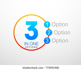 Design Vector Illustration Sign Numbers "three in one". Flat Button with Figures 3 in 1 icon and Tapes with Names Options. Vector Color banner with logo three and one numeral in the Circle Flat Button