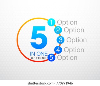 Design Vector Illustration Sign Numbers "five in one". Flat Button with Figures 5 in 1 icon and Tapes with Names Options. Vector Color banner with logo five and one numeral in the Circle Flat Button