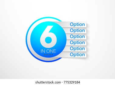 Design Vector Illustration Sign Numbers "six in one". Flat Button with Figures 6 in 1 icon and Tapes with Names Options. Vector Color banner with logo six and one numeral in the Circle Flat Button