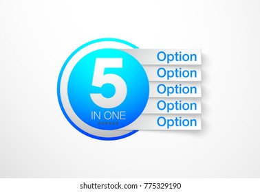 Design Vector Illustration Sign Numbers "five in one". Flat Button with Figures 5 in 1 icon and Tapes with Names Options. Vector Color banner with logo five and one numeral in the Circle Flat Button