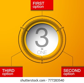 Design Vector Illustration Sign Numbers "three in one". Flat Button with Figures 3 in 1 icon and Tapes with Names Options. Vector Color banner with logo three and one numeral in the Circle Flat Button