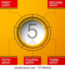 Design Vector Illustration Sign Numbers "five in one". Flat Button with Figures 5 in 1 icon and Tapes with Names Options. Vector Color banner with logo five and one numeral in the Circle Flat Button