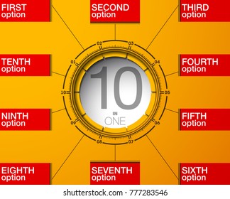 Design Vector Illustration Sign Numbers "ten in one". Flat Button with Figures 10 in 1 icon and Tapes with Names Options. Vector Color banner with logo ten and one numeral in the Circle Flat Button