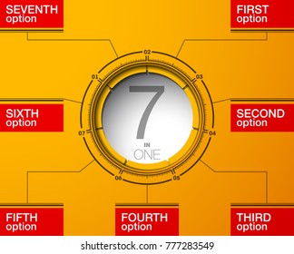 Design Vector Illustration Sign Numbers "seven in one". Flat Button with Figures 7 in 1 icon and Tapes with Names Options. Vector Color banner with logo seven and one numeral in the Circle Flat Button