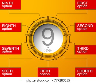 Design Vector Illustration Sign Numbers "nine in one". Flat Button with Figures 9 in 1 icon and Tapes with Names Options. Vector Color banner with logo nine and one numeral in the Circle Flat Button