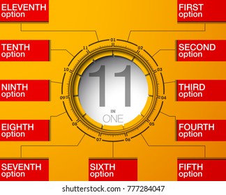 Design Vector Illustration Sign Numbers "eleven in one". Flat Button with Figures 11 in 1 icon and Tapes with Names Options. Vector Color banner with logo eleven and one numeral in the Circle Button