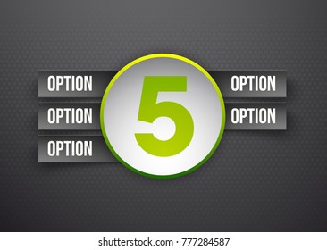 Design Vector Illustration Sign Numbers "five in one". Flat Button with Figures 5 in 1 icon and Tapes with Names Options. Vector Color banner with logo five and one numeral in the Circle Flat Button