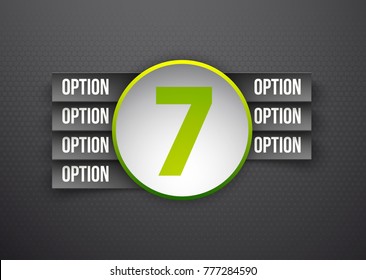 Design Vector Illustration Sign Numbers "seven in one". Flat Button with Figures 7 in 1 icon and Tapes with Names Options. Vector Color banner with logo seven and one numeral in the Circle Flat Button