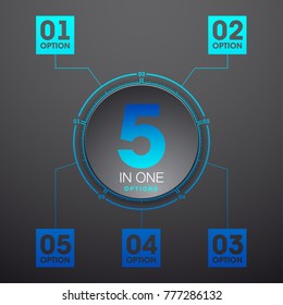 Design Vector Illustration Sign Numbers "five in one". Flat Button with Figures 5 in 1 icon and Tapes with Names Options. Vector Color banner with logo five and one numeral in the Circle Flat Button