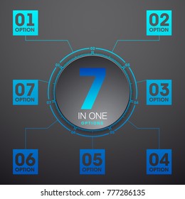 Design Vector Illustration Sign Numbers "seven in one". Flat Button with Figures 7 in 1 icon and Tapes with Names Options. Vector Color banner with logo seven and one numeral in the Circle Flat Button