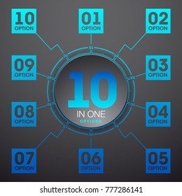 Design Vector Illustration Sign Numbers "ten in one". Flat Button with Figures 10 in 1 icon and Tapes with Names Options. Vector Color banner with logo ten and one numeral in the Circle Flat Button