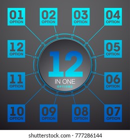 Design Vector Illustration Sign Numbers "twelve in one". Flat Button with Figures 12 in 1 icon and Tapes with Names Options. Vector Color banner with logo twelve and one numeral in the Circle Button