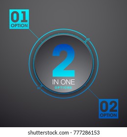 Design Vector Illustration Sign Numbers "two in one". Flat Button with Figures 2 in 1 icon and Tapes with Names of Options. Vector Color banner with logo two and one numeral in the Circle Flat Button.