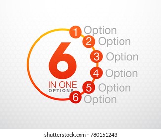 Design Vector Illustration Sign Numbers "six in one". Flat Button with Figures 6 in 1 icon and Tapes with Names Options. Vector Color banner with logo six and one numeral in the Circle Flat Button