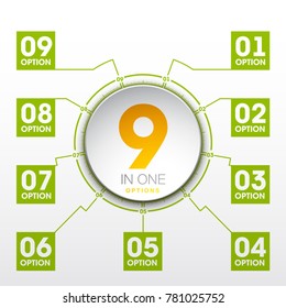 Design Vector Illustration Sign Numbers "nine in one". Flat Button with Figures 9 in 1 icon and Tapes with Names Options. Vector Color banner with logo nine and one numeral in the Circle Flat Button