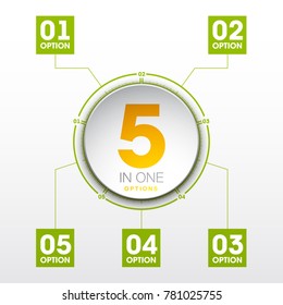 Design Vector Illustration Sign Numbers "five in one". Flat Button with Figures 5 in 1 icon and Tapes with Names Options. Vector Color banner with logo five and one numeral in the Circle Flat Button