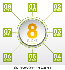 Design Vector Illustration Sign Numbers "eight in one". Flat Button with Figures 8 in 1 icon and Tapes with Names Options. Vector Color banner with logo eight and one numeral in the Circle Flat Button