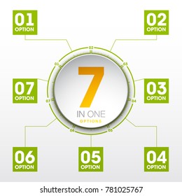 Design Vector Illustration Sign Numbers "seven in one". Flat Button with Figures 7 in 1 icon and Tapes with Names Options. Vector Color banner with logo seven and one numeral in the Circle Flat Button