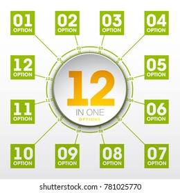 Design Vector Illustration Sign Numbers "twelve in one". Flat Button with Figures 12 in 1 icon and Tapes with Names Options. Vector Color banner with logo twelve and one numeral in the Circle Button