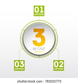 Design Vector Illustration Sign Numbers "three in one". Flat Button with Figures 3 in 1 icon and Tapes with Names Options. Vector Color banner with logo three and one numeral in the Circle Flat Button