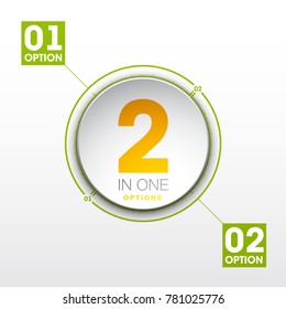 Design Vector Illustration Sign Numbers "two in one". Flat Button with Figures 2 in 1 icon and Tapes with Names of Options. Vector Color banner with logo two and one numeral in the Circle Flat Button.