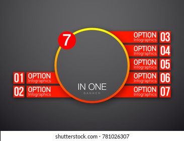 Design Vector Illustration Sign Numbers "seven in one". Flat Button with Figures 7 in 1 icon and Tapes with Names Options. Vector Color banner with logo seven and one numeral in the Circle Flat Button