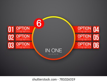 Design Vector Illustration Sign Numbers "six in one". Flat Button with Figures 6 in 1 icon and Tapes with Names Options. Vector Color banner with logo six and one numeral in the Circle Flat Button