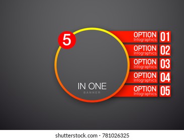 Design Vector Illustration Sign Numbers "five in one". Flat Button with Figures 5 in 1 icon and Tapes with Names Options. Vector Color banner with logo five and one numeral in the Circle Flat Button