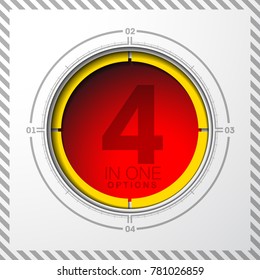 Design Vector Illustration Sign Numbers "four in one". Flat Button with Figures 4 in 1 icon and Tapes with Names Options. Vector Color banner with logo four and one numeral in the Circle Flat Button