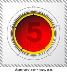 Design Vector Illustration Sign Numbers "five in one". Flat Button with Figures 5 in 1 icon and Tapes with Names Options. Vector Color banner with logo five and one numeral in the Circle Flat Button