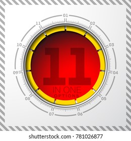 Design Vector Illustration Sign Numbers "eleven in one". Flat Button with Figures 11 in 1 icon and Tapes with Names Options. Vector Color banner with logo eleven and one numeral in the Circle Button